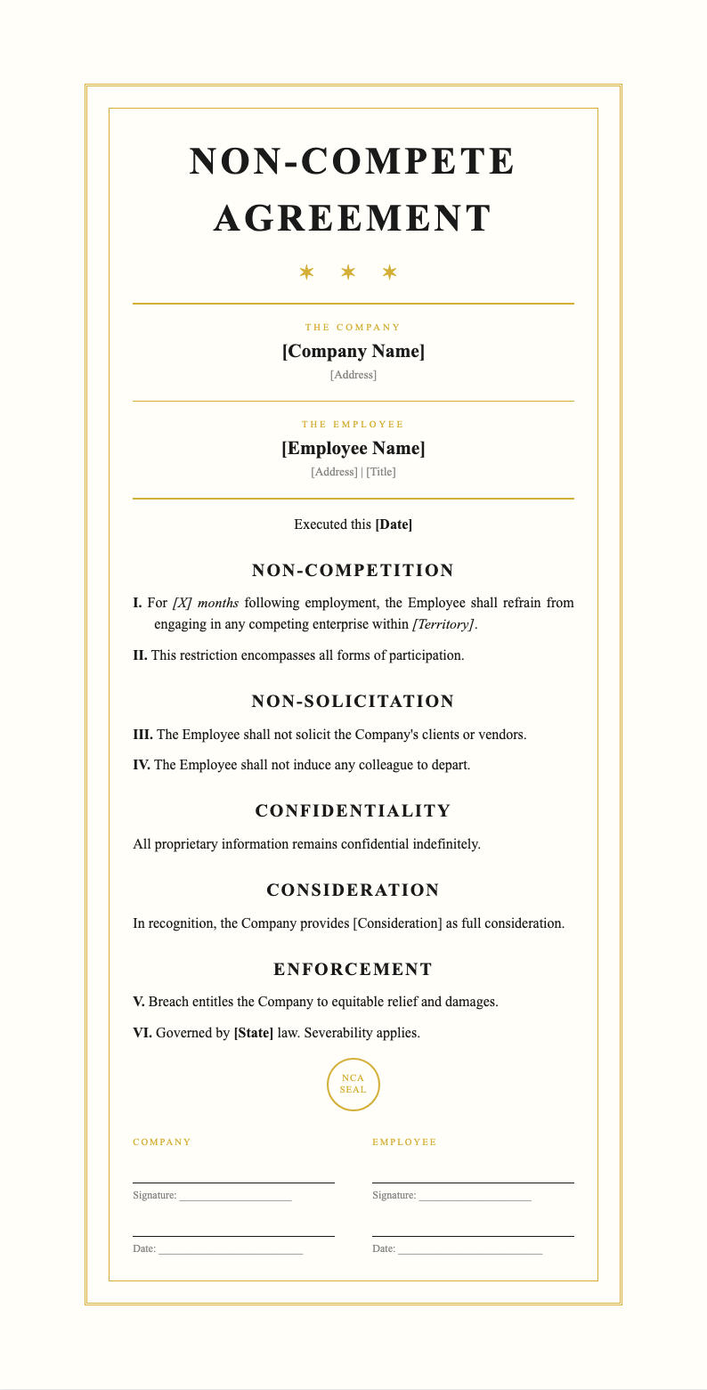 Certificate Formal Non Compete Agreement
